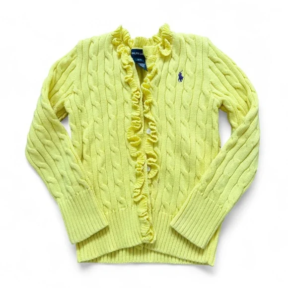 Ralph Lauren Bright Yellow 💛 Knit Sweater with Ruffled Trim & Purple Logo – SM - Picture 6 of 6